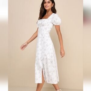 Darling Appeal White Floral Puff Sleeve Empire Waist Midi Dress NWT